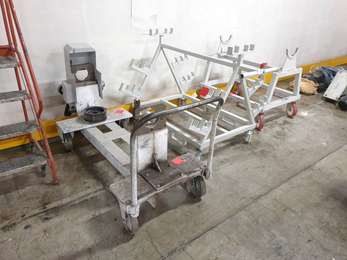 3x various metal mobile production trolleys