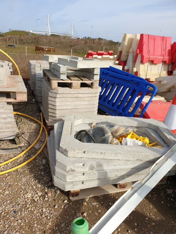 Qty various size concrete manhole risers on 5 pall...
