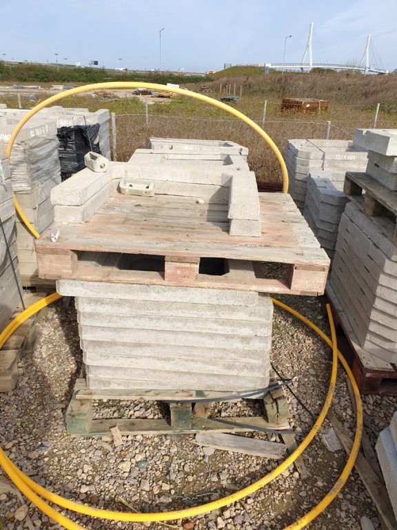 Qty various size concrete manhole risers on 3 pall...