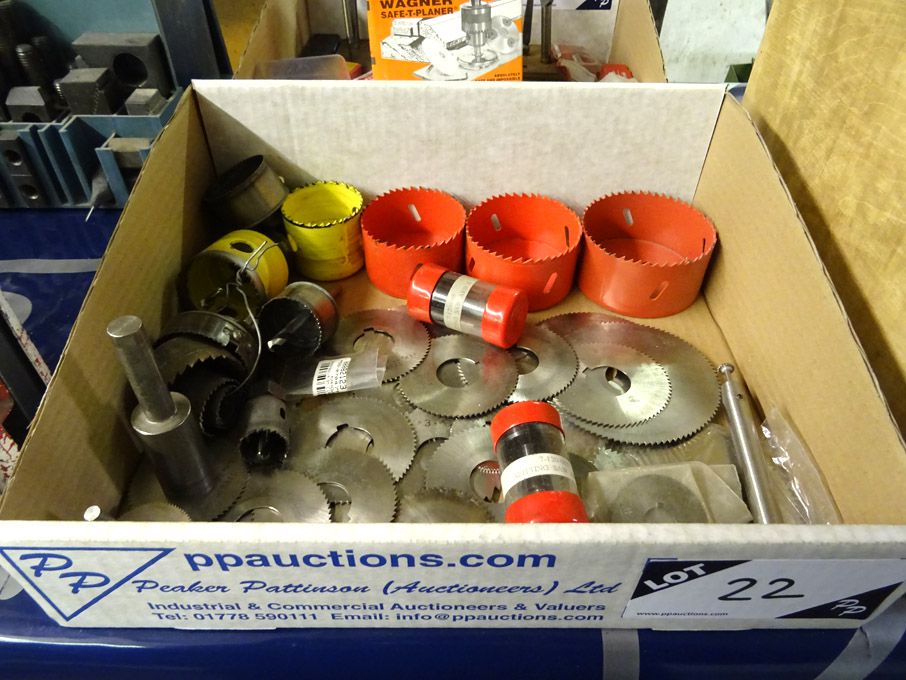 Qty various hole cutters, slitting saws, slitting...