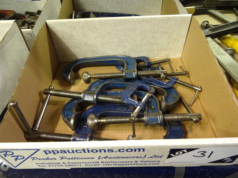 Qty various sized G-clamps, 2" to 4"