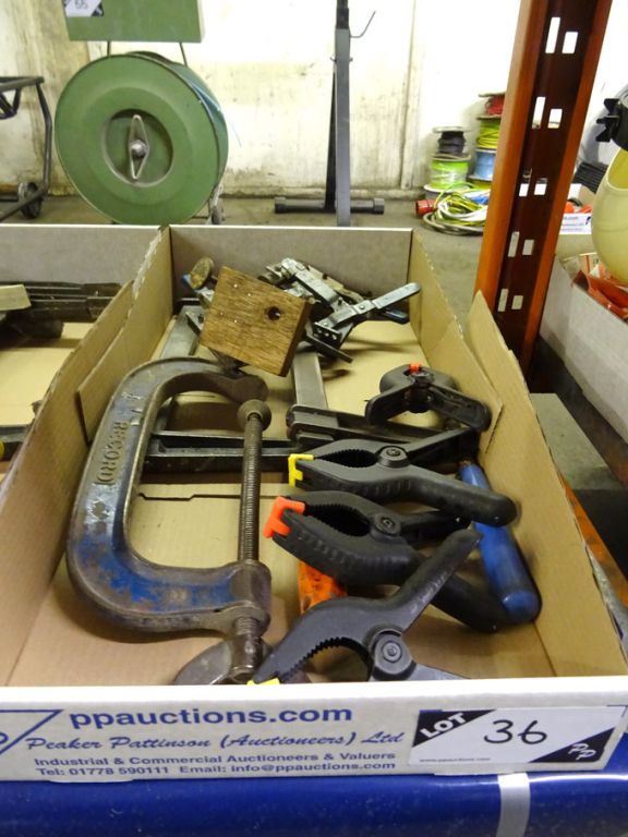 Qty various clamps inc: G-clamps, clip on clamps,...