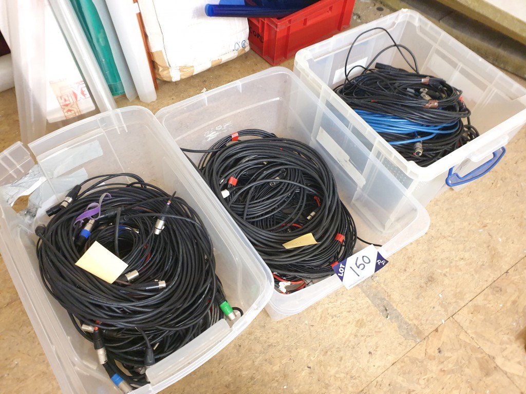 Qty various DMX, XLR cables in 3 boxes