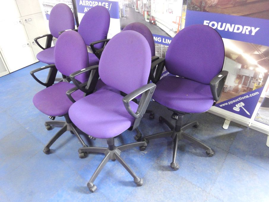 6x Labofo purple upholstered swivel office chairs...