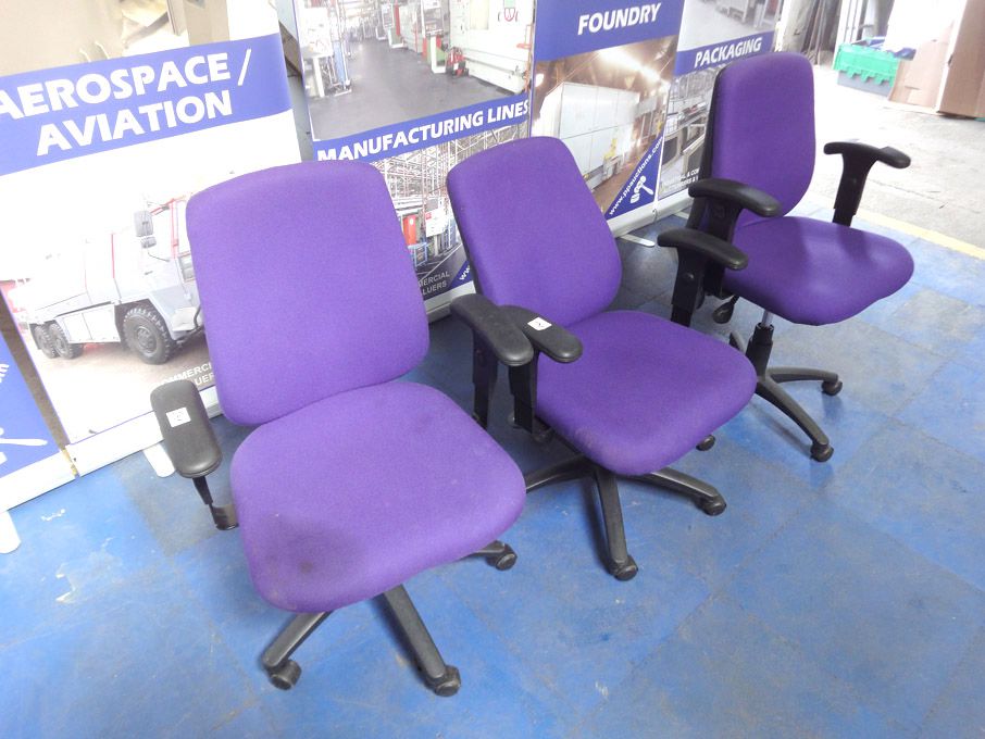 3x Albion purple upholstered swivel office chairs...