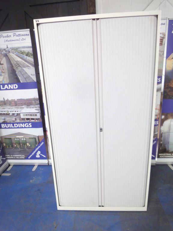 Bisley white metal twin sliding storage cupboard,...