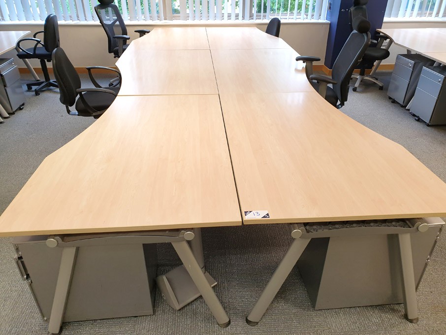 6x maple 1600x1000mm curved desks with silver 3 dr...