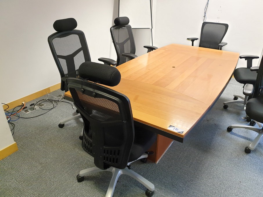 Walnut 2400x1150mm meeting table with 3x black uph...