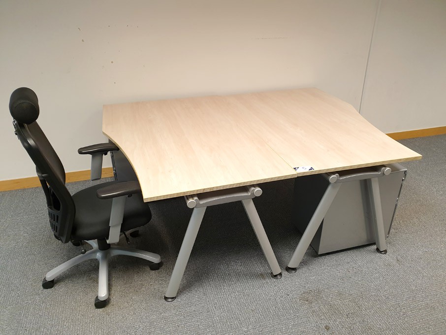 2x maple 1600x1000mm curved desks with silver 3 dr...