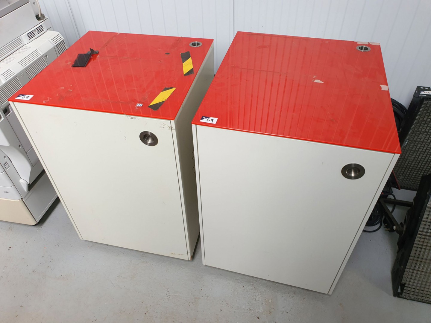 2x mobile white wooden red glass top server racks,...