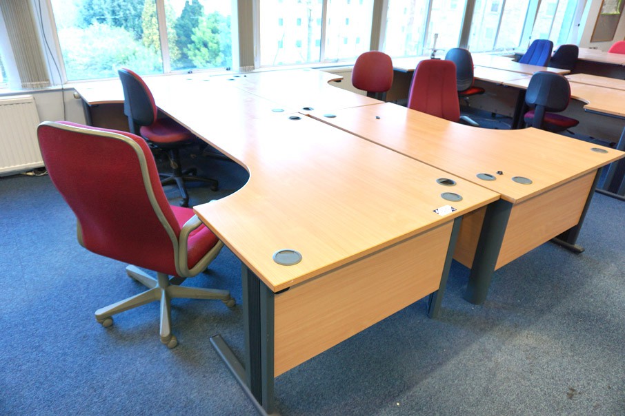 4x beech 1600x1200mm 'L' shape tables with upholst...