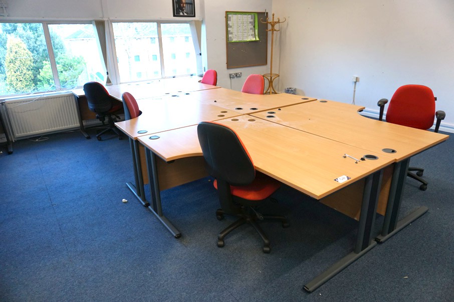 6x beech 1600x1200mm 'L' shape tables with upholst...