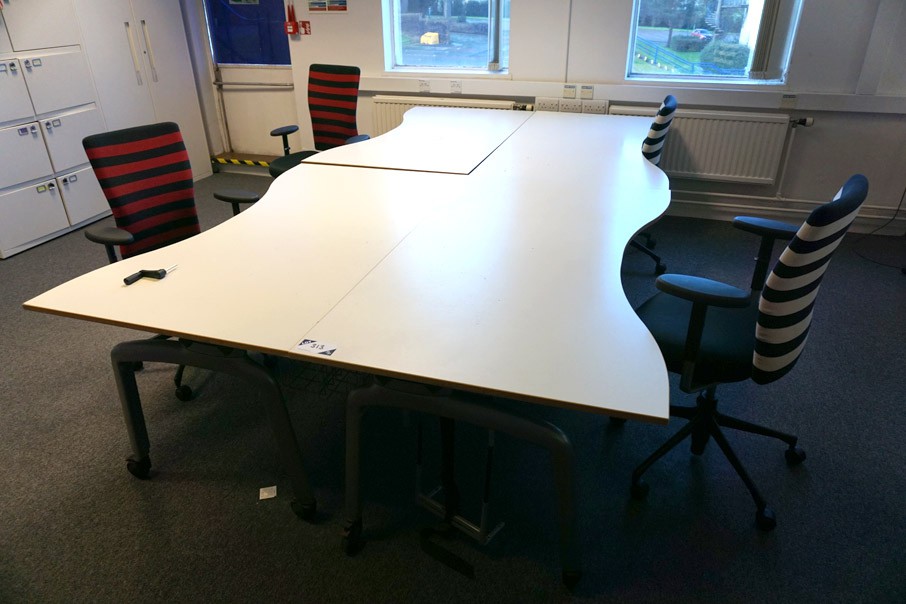 4x white 1600x900mm curved tables with 4x upholste...