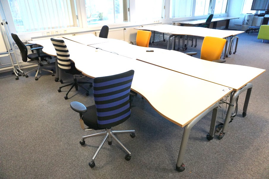 6x white 1600x900mm curved tables with 6x upholste...