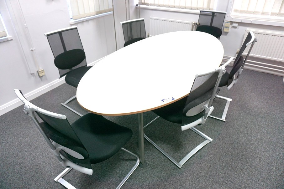 White oval office table, 2400x1200mm with 6 black...