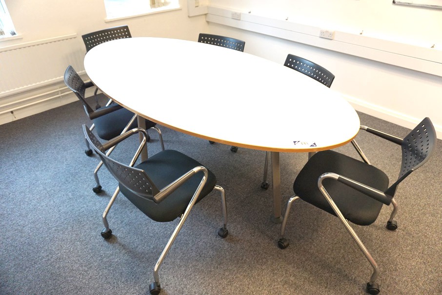 White oval office table, 2400x1200mm with 8x Vitra...