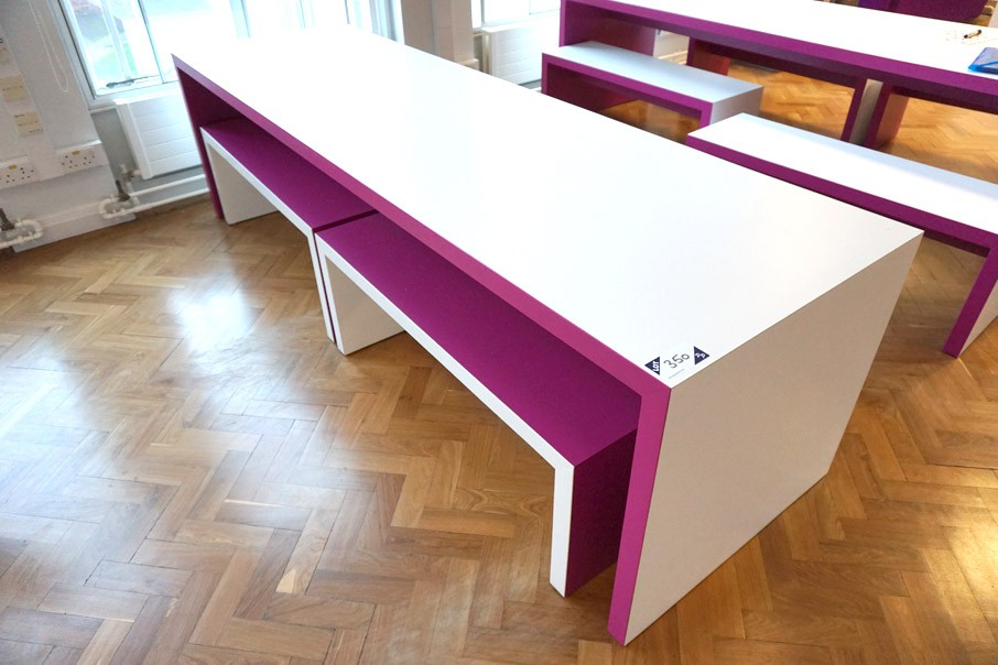 White & purple canteen bench, 2700x800mm with 4x w...