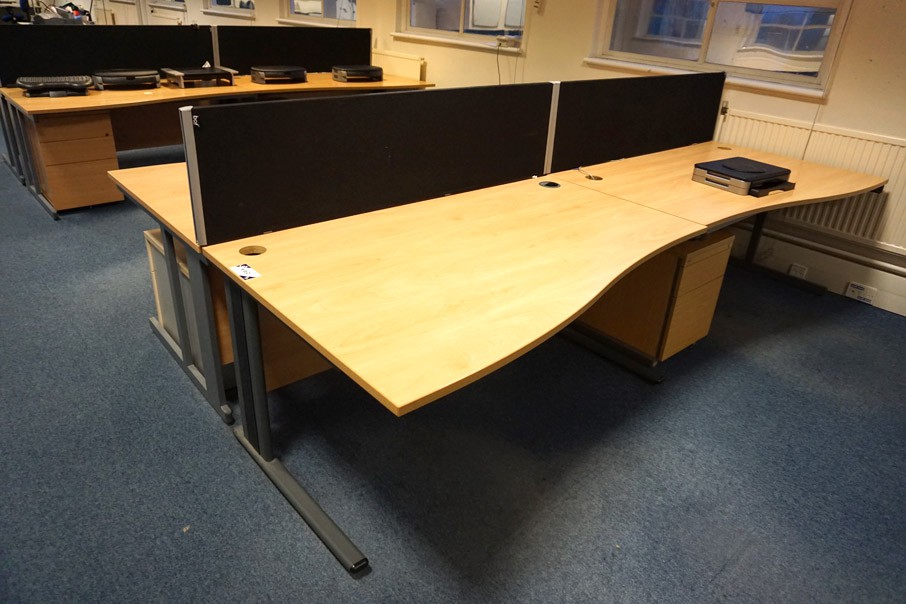 4x beech effect curved office desks, 1600x1000mm w...