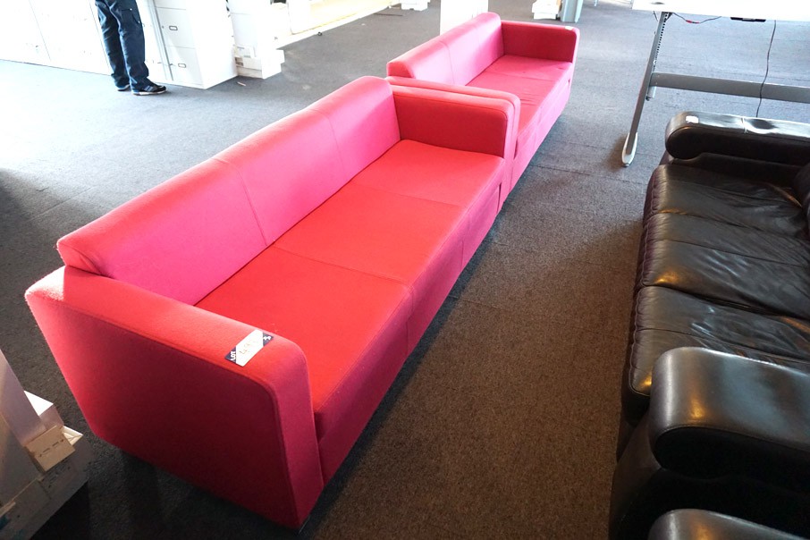 2x pink upholstered 3 seater sofas, 1950mm wide