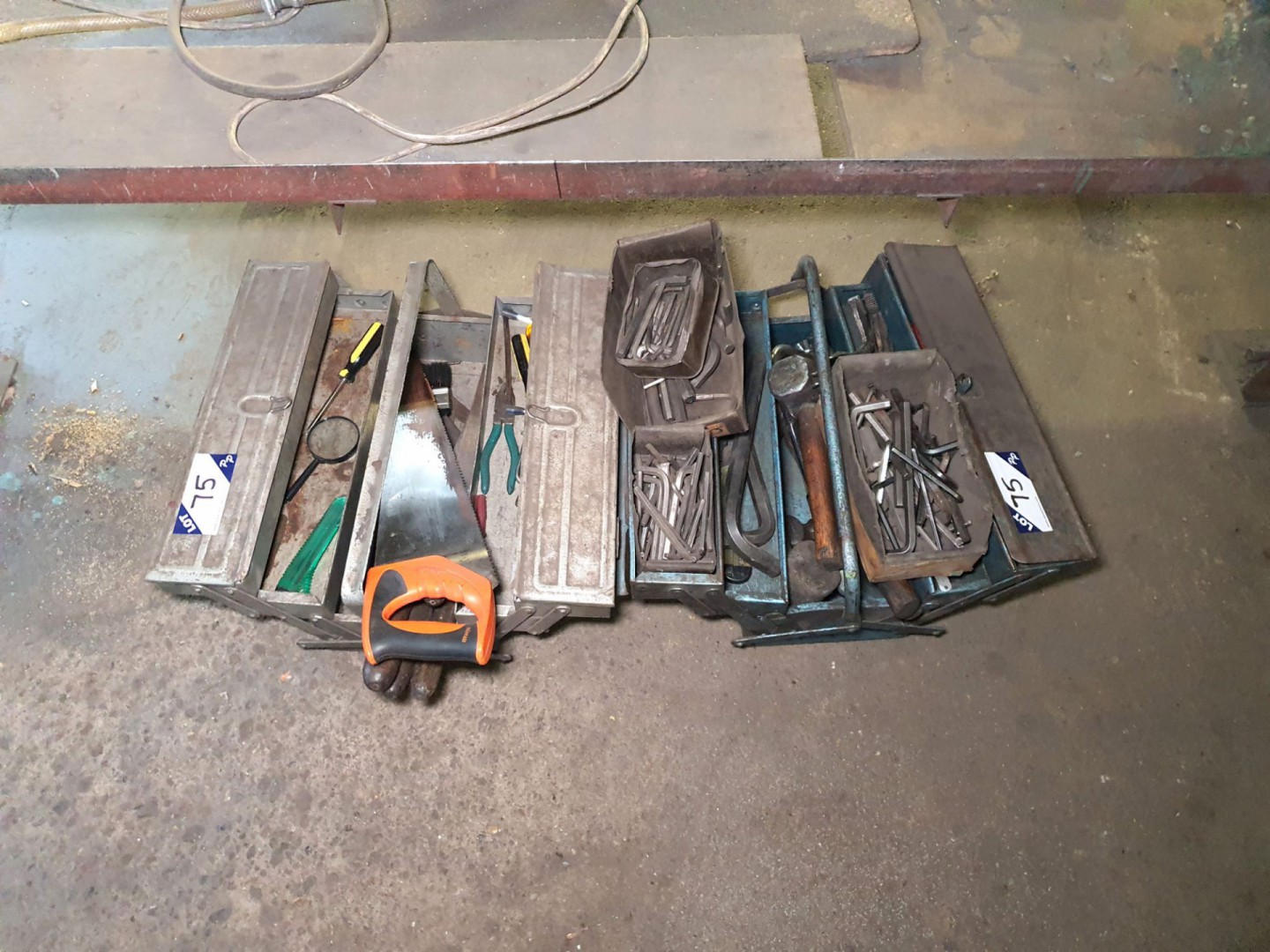 2x metal tool boxes inc various hammers, Allen key...