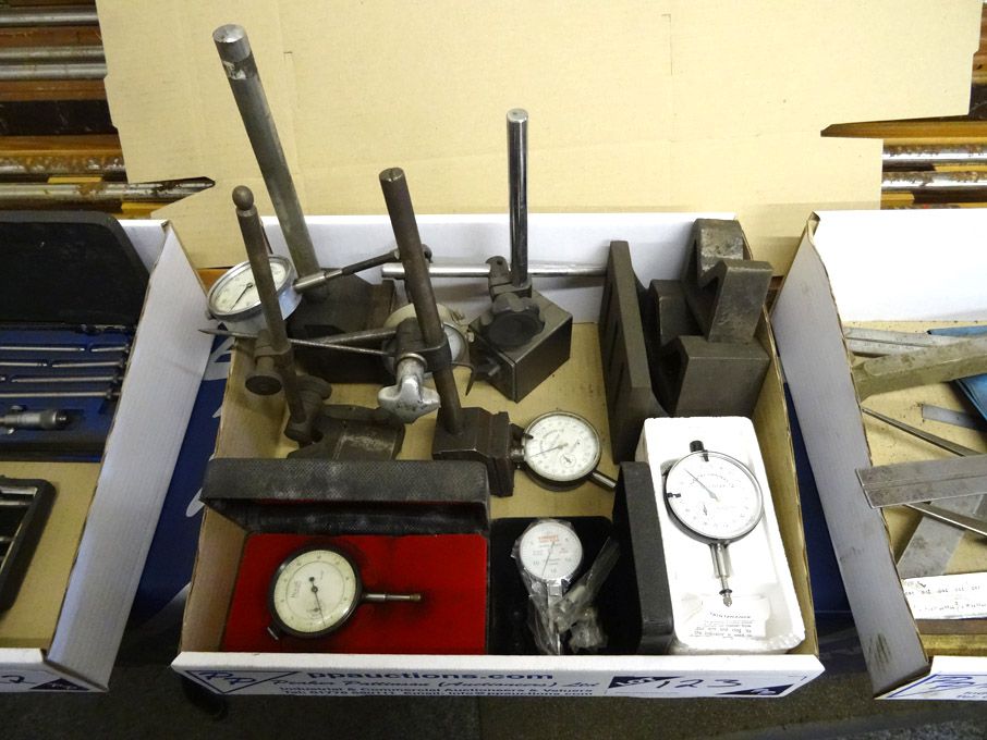 Qty various dial gauges, clock stands, angle plate...