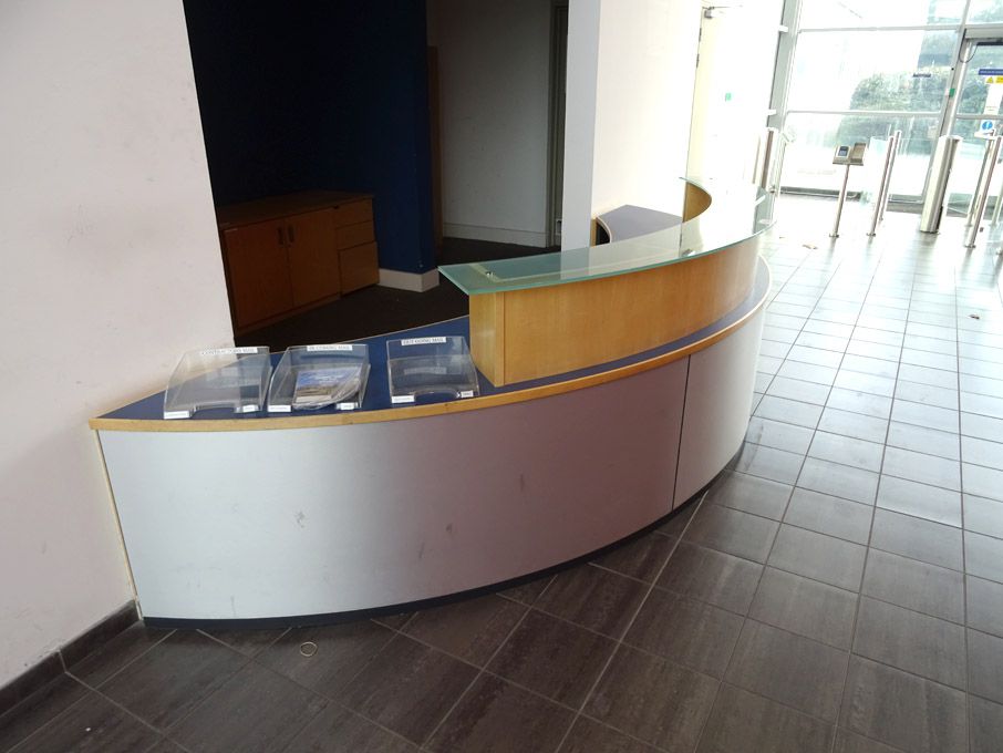 4000mm approx curved reception desk, blue / wooden...