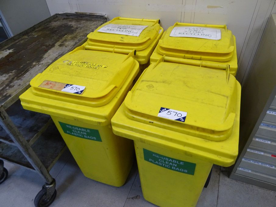 4x yellow plastic rubbish bins