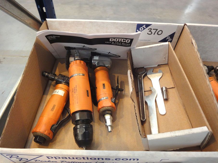 3x Dotco pneumatic drills, right angle collet tool...