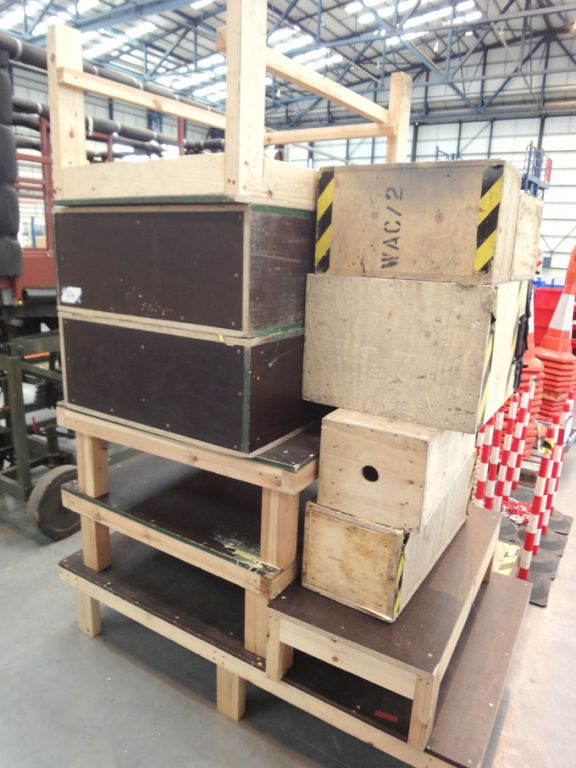 Qty various wooden stands, mobile storage unit etc