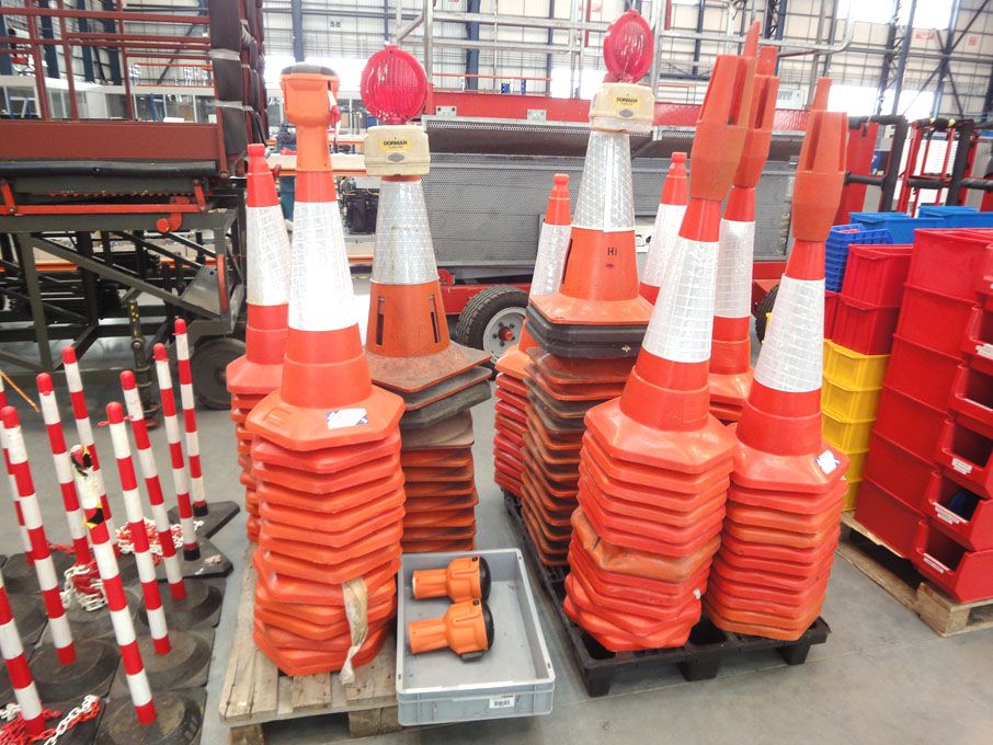 Large Qty various plastic safety cones on pallets
