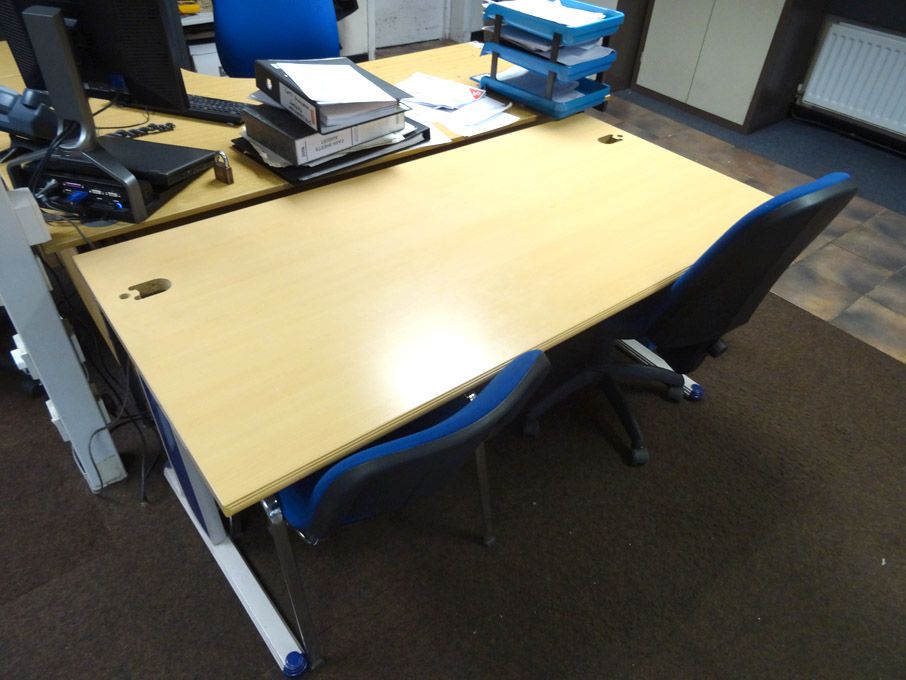 1600x800mm beech table with 2x blue upholstered ch...