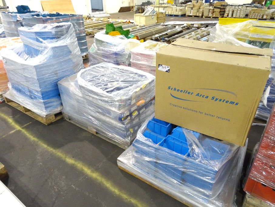 Qty various size plastic storage bins on 3 pallets