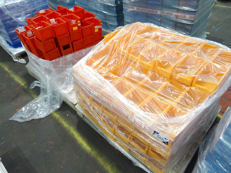 Qty various orange / red plastic storage bins on 2...
