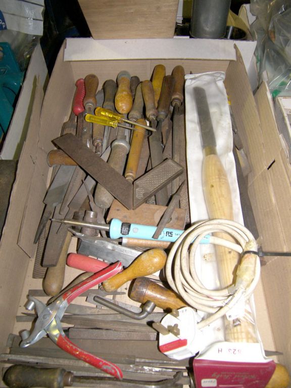 Qty files, chisels, saws, blades, soldering iron e...
