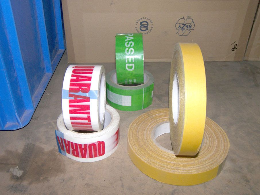 Qty various double sided tape, quarantine tape, pa...