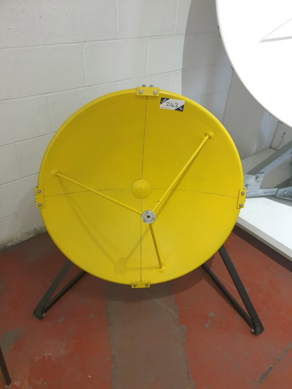 Yellow 0.9m dia reflector on stand with feed arms,...
