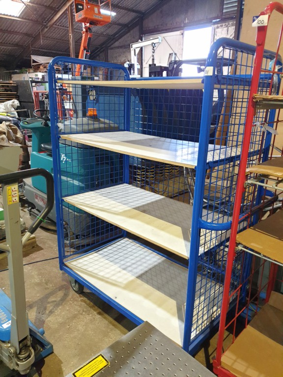 Mobile blue metal cage multishelf storage trolley...