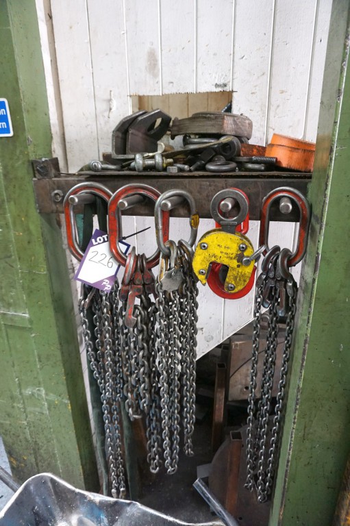 Qty various lifting chains, shackles, eye bolts, m...