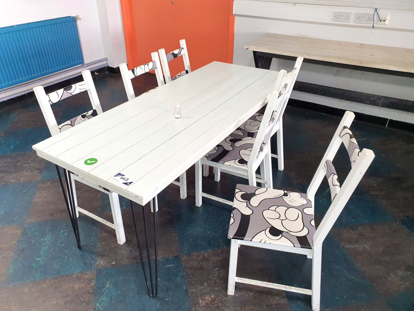 2x white wooden metal leg canteen tables, 1800x740...