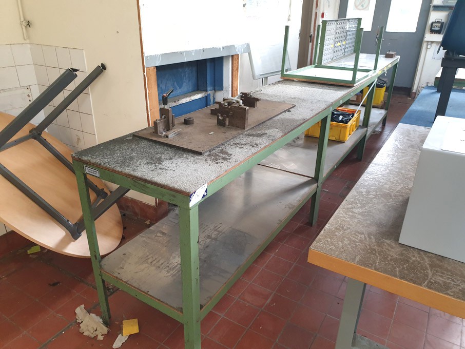 3x 1500x600mm metal frame workbenches, wooden top