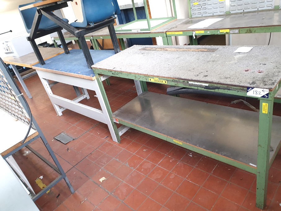 3x various metal frame / wooden top workbenches, 1...