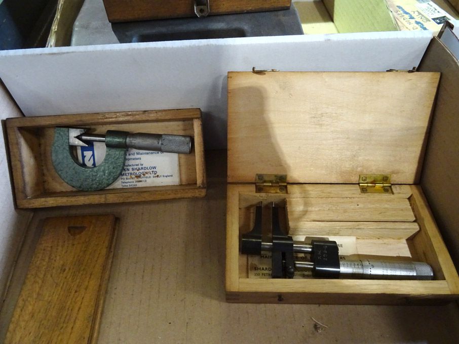 2x Shardlow micrometers, internal calipers in wood...