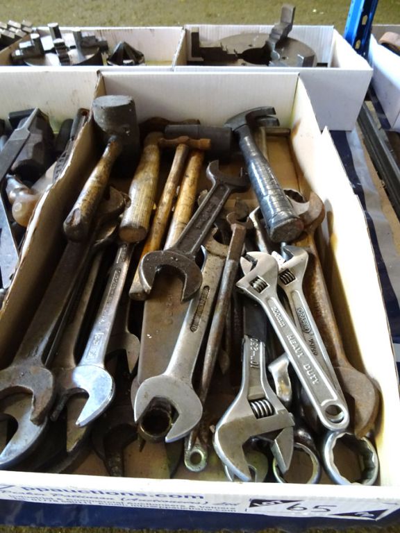 Qty various size hammers, spanners, adjustable spa...