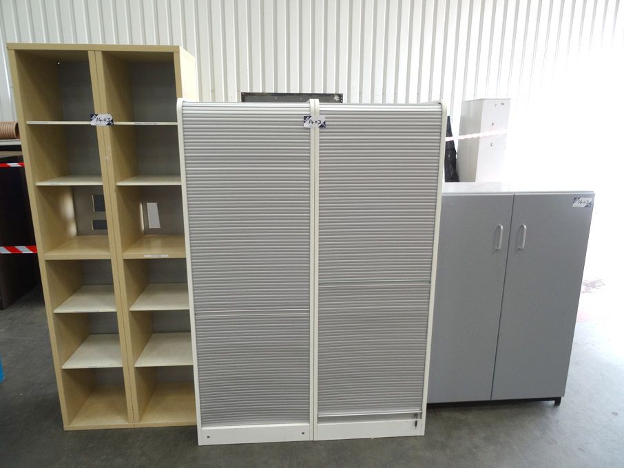 2x 5 shelf wooden bookcases, 2x roller shutter doo...