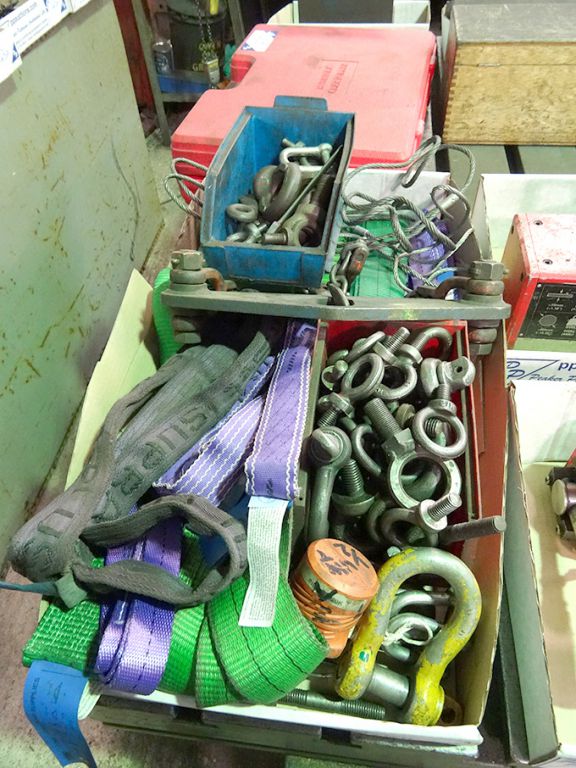 Qty various shackles, eyebolts, slings, wire rope...