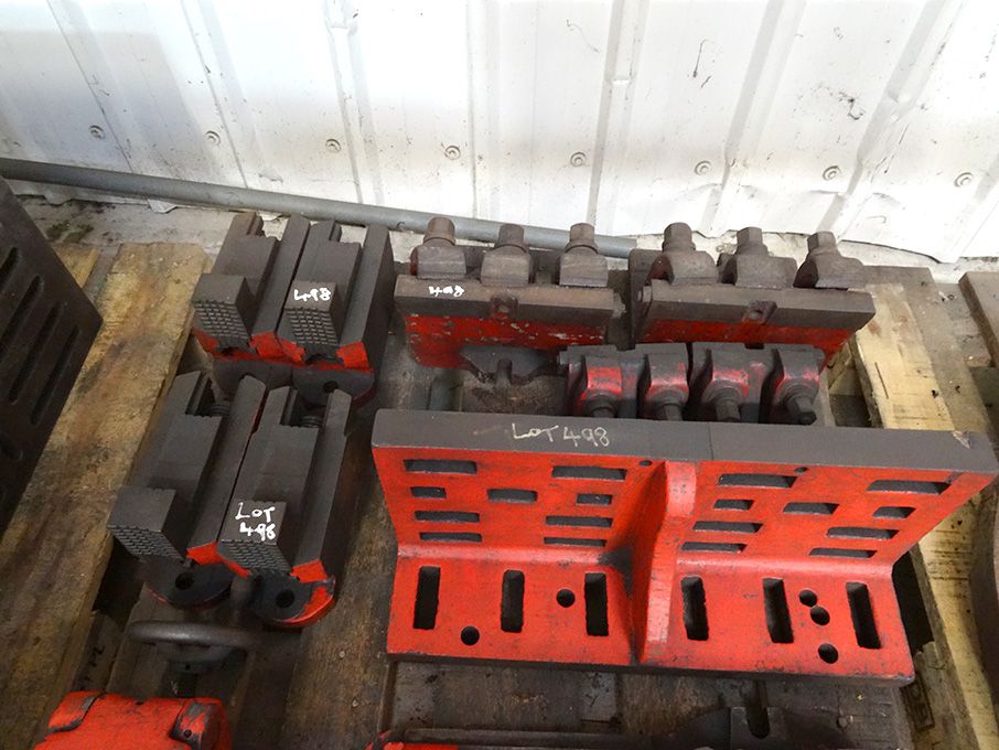 Qty various CI angle plate, machine clamps etc