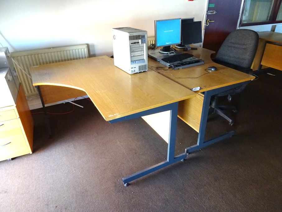2x L shaped beech wooden office tables, 1600x800mm...