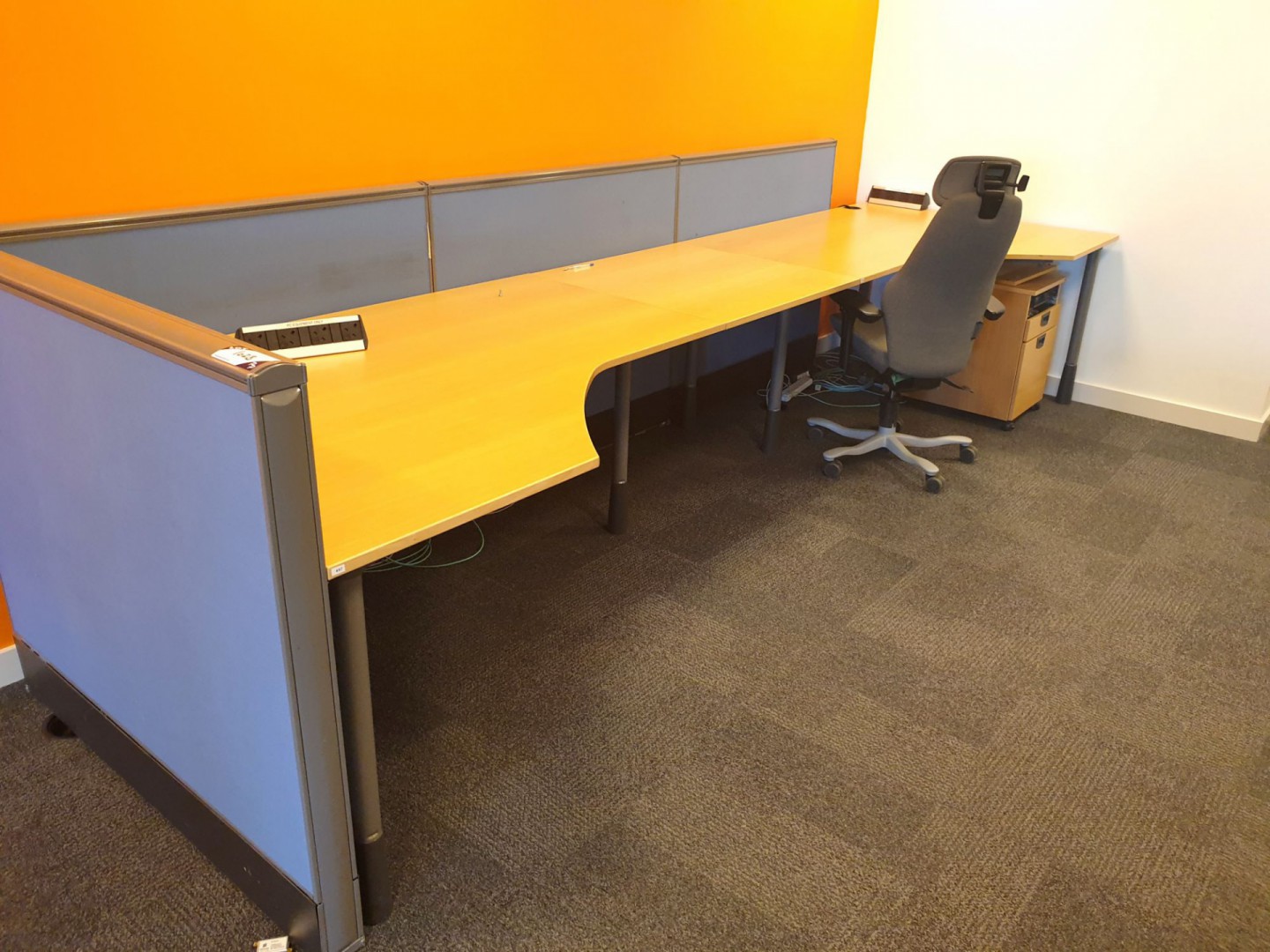 2x Kinnarps beech office desks inc: 4x blue uphols...