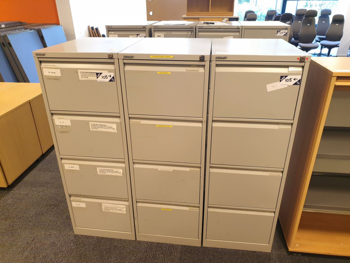 3x Bisley grey metal 4 drawer filing units, 470x13...