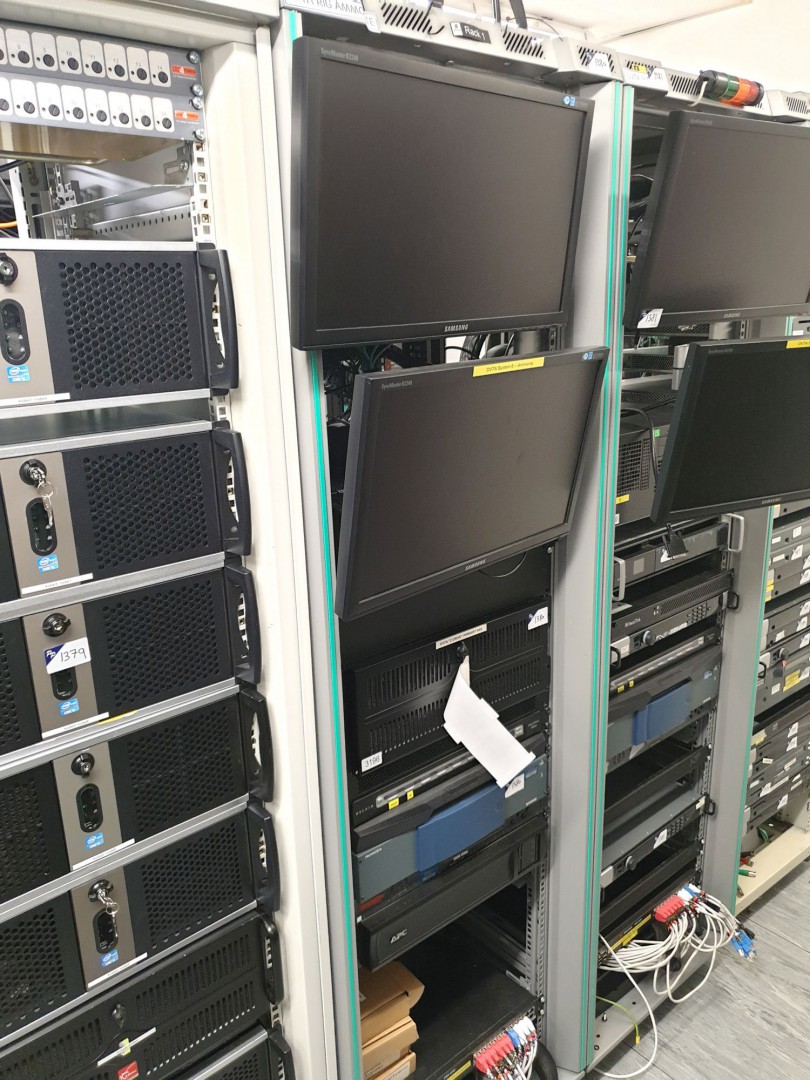 Metal mobile server rack inc: APC UPS, Harris rout...